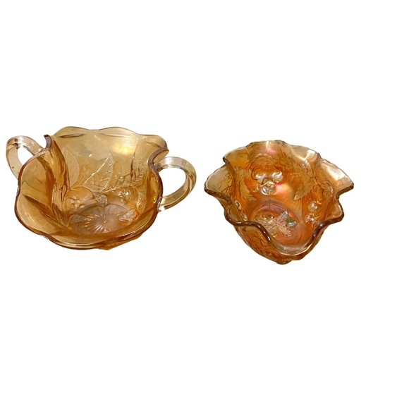 Set Of 2 Fenton Art Glass Carnival Glass Two-Handle Bonbon Dish in Marigold